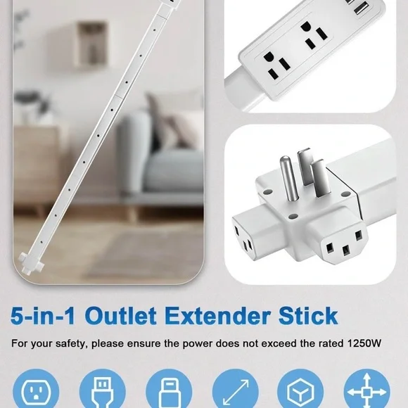 NEW - Electrical Outlet Extender Stick, Upgraded 4-Way Free Combination Plug Ext - Picture 4 of 7